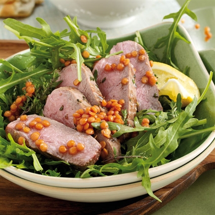 Rucola-Linsen-Salat mit Entenbrust