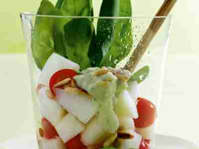 Tomaten-Melonen-Salat mit Gorgonzoladressing