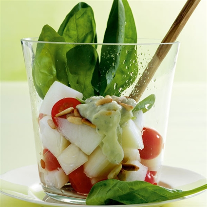 Tomaten-Melonen-Salat mit Gorgonzoladressing