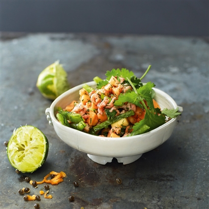 Papaya-Paprika-Salat mit Krabben und Kräuter-Limetten-Dressing