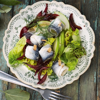 Rollmops-Salat mit roten Zwiebeln und grünem Apfel