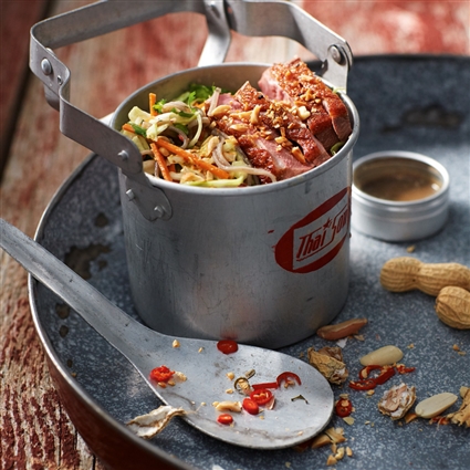 Sobanudel-Spitzkohl-Salat mit Ente und Orangen-Tahin-Dressing