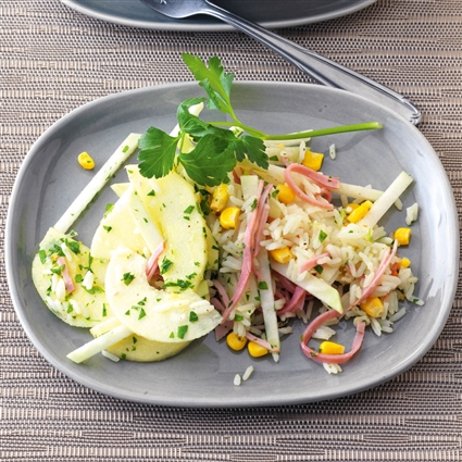 Kohlrabi-Reis-Salat mit Schinken