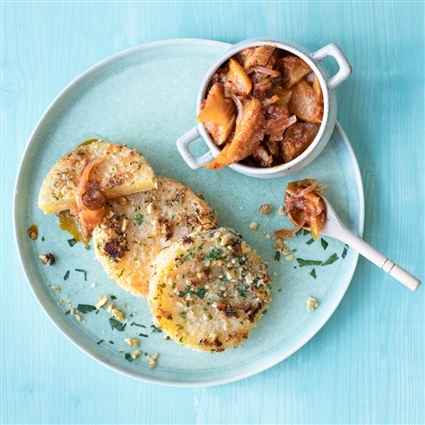 Steckrüben-Schnitzel mit Birnen Chutney