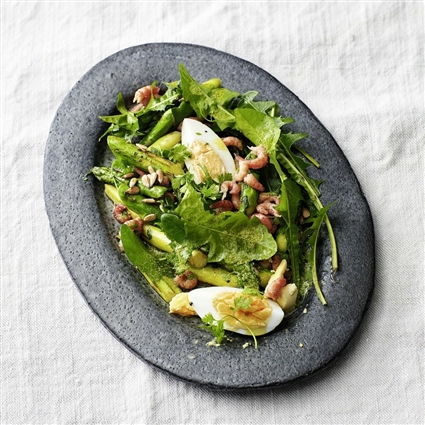 Löwenzahnsalat mit Spargel und Krabben