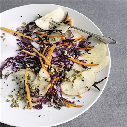 Herbstsalat mit Rotkohl, Apfel und gerösteten Kernen