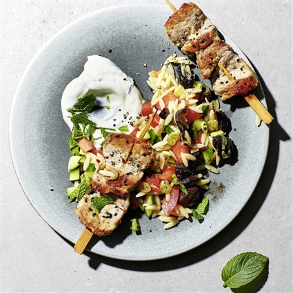 Gyros-Spieße mit Reisnudel-Salat und Minze-Dip