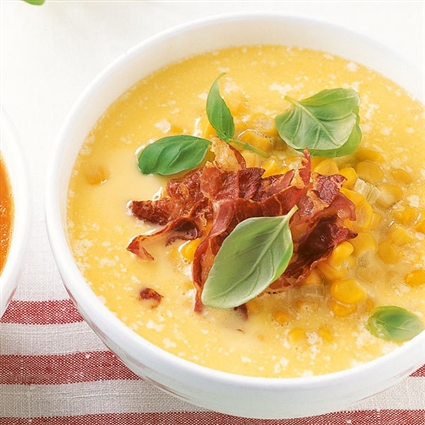 Mascarpone-Mais-Suppe mit Coppa