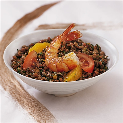 Linsensalat mit Orangen und Garnelen