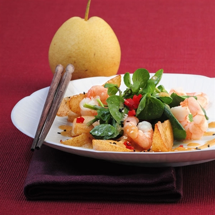 Brunnenkressesalat mit Nashi und Garnelen