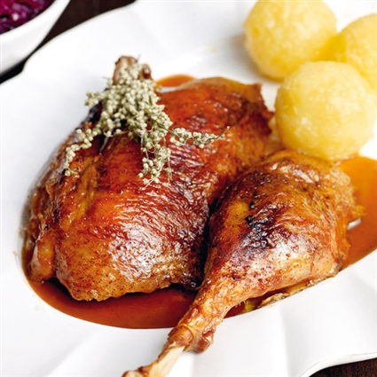 Weihnachtsgans mit Brot, Äpfeln und Beifuß