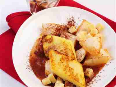 Grießschnitten mit Birnen-Marzipan-Kompott
