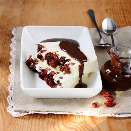 Cranberry-Kokos-Parfait mit Schoko-Ingwer-Sauce