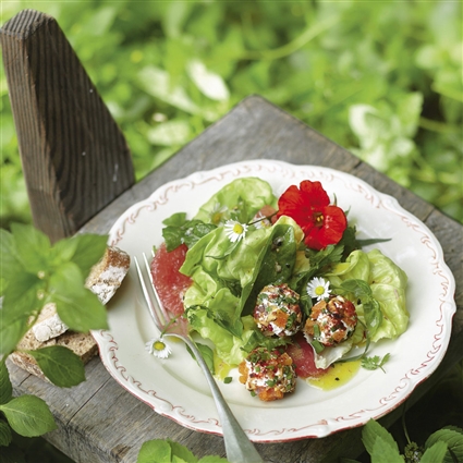 Kräutersalat mit Käsebällchen