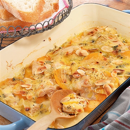 Hähnchen-Pfirsich-Gratin