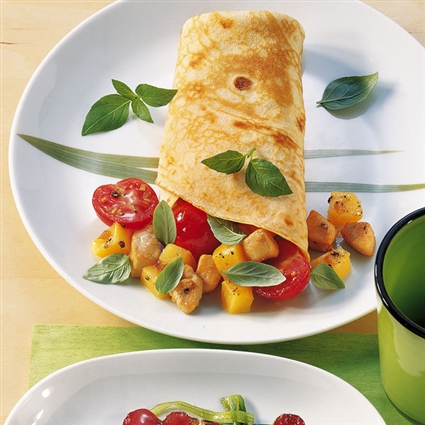 Pfannkuchen mit Mango-Huhn