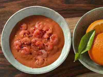 Tomaten-Vanille-Sauce mit Garnelen