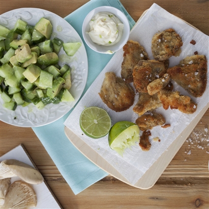 Gebackene Austernpilze mit Avocado-Gurkensalat