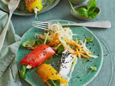 Weißkohlsalat mit Paprikaröllchen