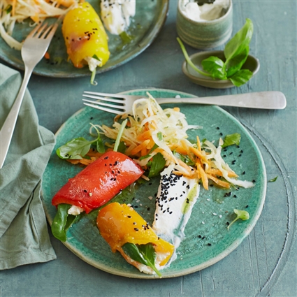 Weißkohlsalat mit Paprikaröllchen