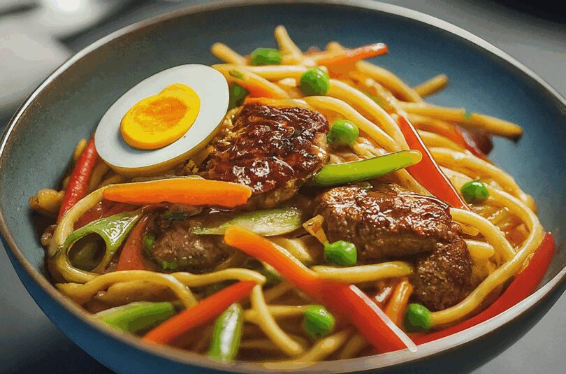 Asiatische Nudeln – Chinesisch Gebratene Nudeln Mit Hühnchenfleisch, Ei Und Gemüse