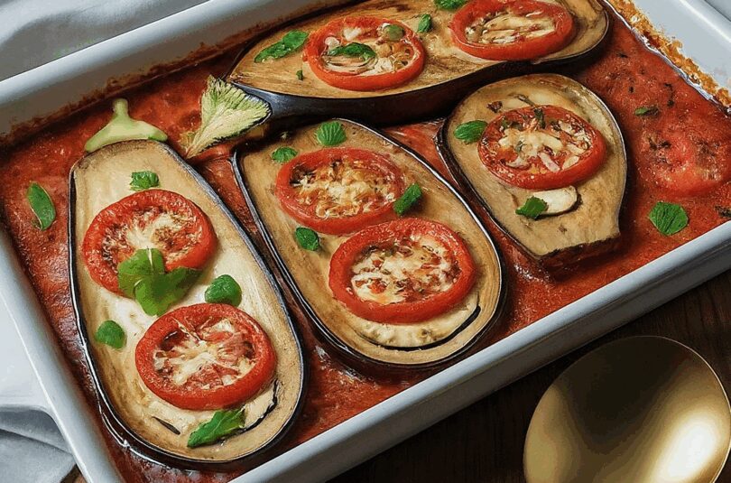 Auberginen Im Backofen Mit Tomaten – Auberginen Tomaten Fächer Aus Dem Ofen