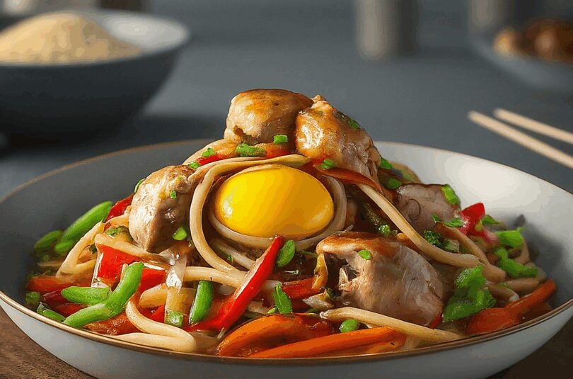 Chinesisch Gebratene Nudeln mit Hühnchen, Ei und Gemüse