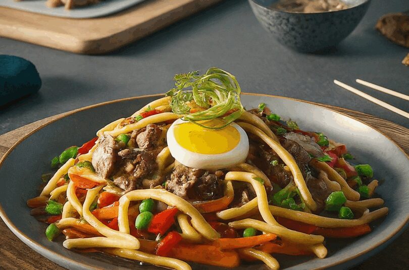 Chinesische Nudeln Rezept – Chinesisch Gebratene Nudeln Mit Hühnchenfleisch, Ei Und Gemüse