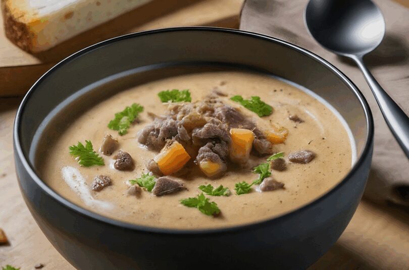 Cremige Porree-Lauch-Suppe mit Hackfleisch
