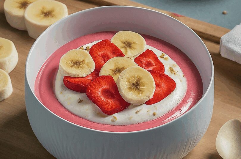 Erdbeermus auf Quark mit feiner Bananen-Vanille Note