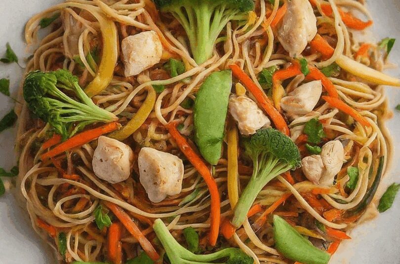Gebratene Nudeln mit Hähnchen und Gemüse (Chow Mein)