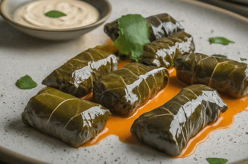 Gefüllte Weinblätter mit Knoblauchsauce (Dolmades)