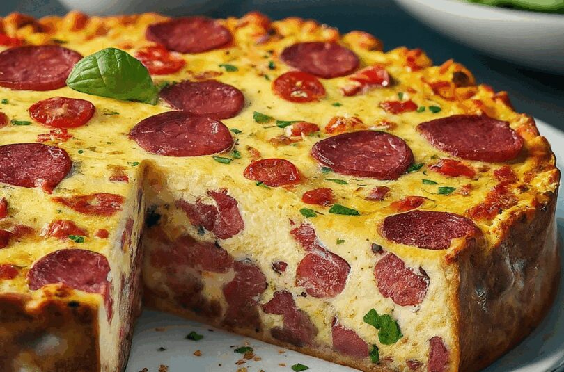 Herzhafter Kuchen mit Salami, Tomaten und Käse