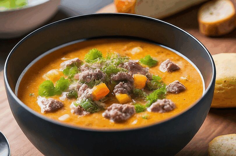 Käse-Lauch-Suppe mit Hackfleisch