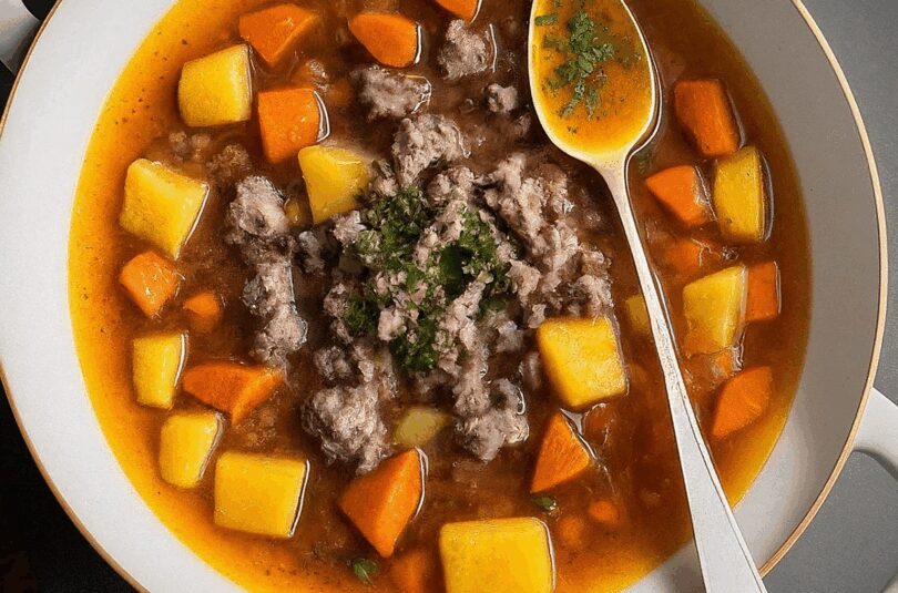 Käse-Lauch-Suppe mit Hackfleisch