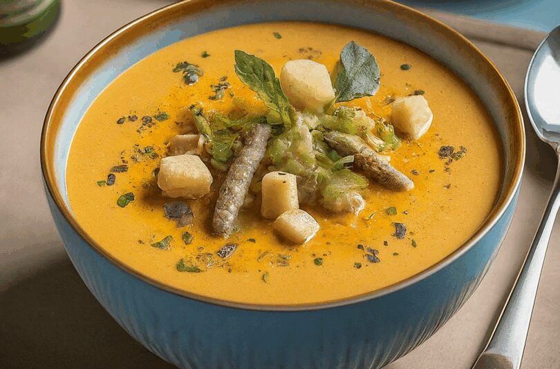 Kartoffelsuppe mit Borretsch und Borretschblüten