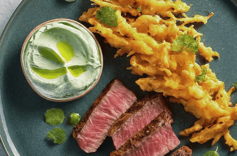 Marinierte Steaks in der Heißluftfritteuse – Zucchini-Möhren-Puffer mit Kräuter-Joghurt-Creme