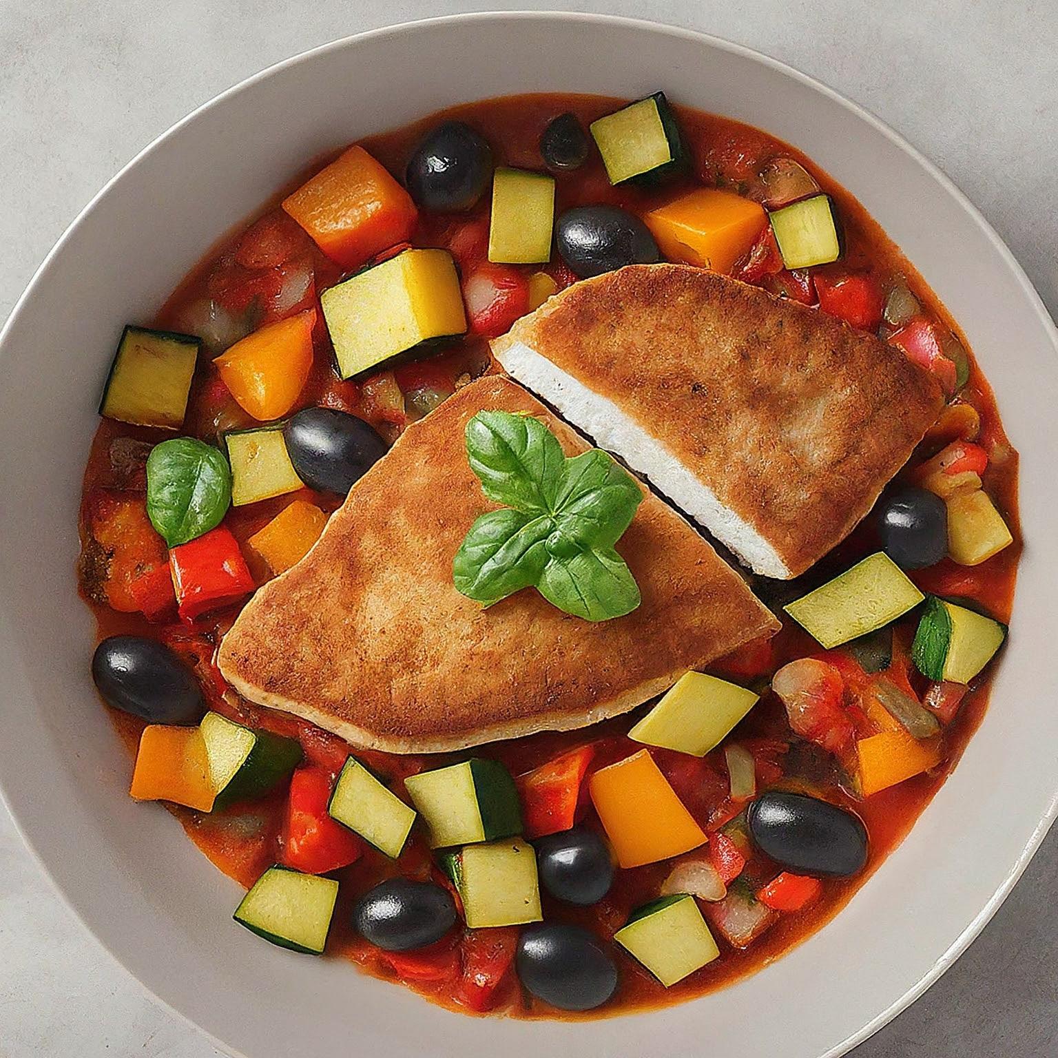 Mediterrane-Gemuesepfanne-mit-Haehnchenbrustfilet Mediterrane Gemüsepfanne mit Hähnchenbrustfilet