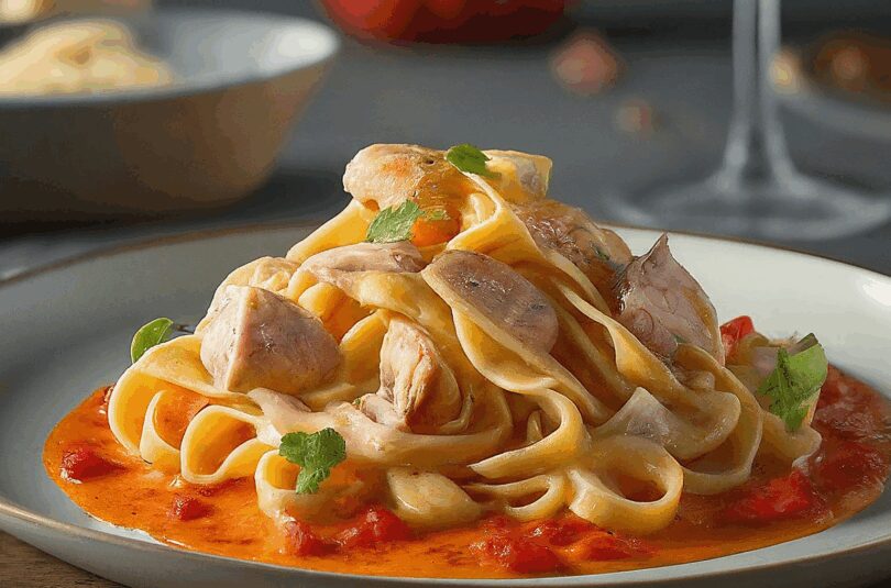 Nudeln in leichter, sämiger Thunfisch-Tomaten-Käse-Sauce