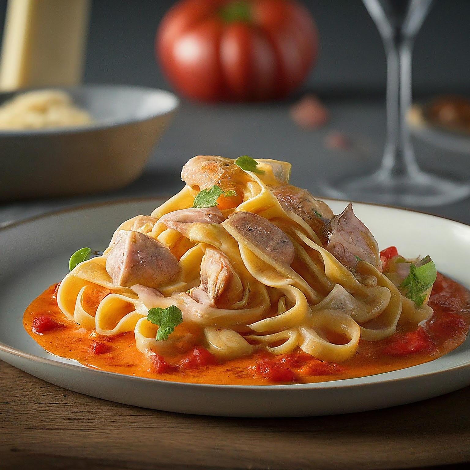 Nudeln-in-leichter-saemiger-Thunfisch-Tomaten-Kaese-Sauce Nudeln in leichter, sämiger Thunfisch-Tomaten-Käse-Sauce