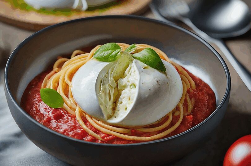 Nudeln mit Burrata – Spaghetti mit Tomatensauce und Burrata