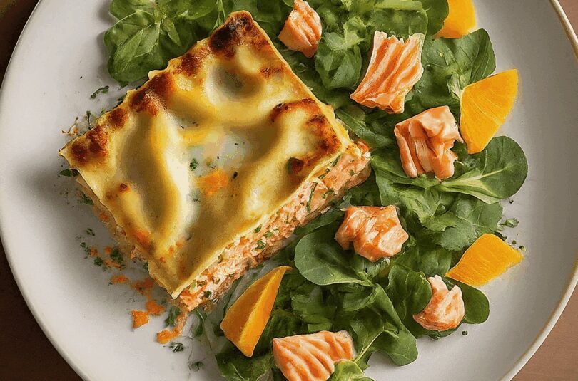 Offene Lasagne mit gebeiztem Lachs, Weißweinschaum und Orangen-Fenchel-Salat