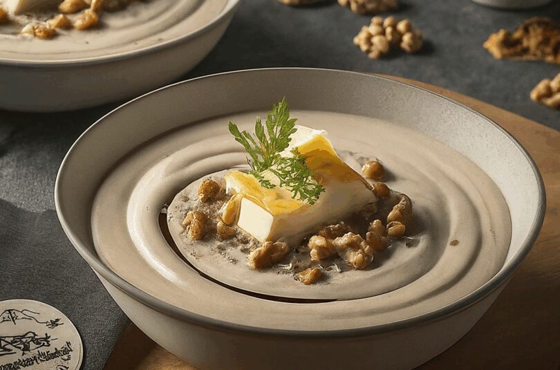 Pinienkern-Walnuss Cremesuppe mit Ziegenkäsetalern