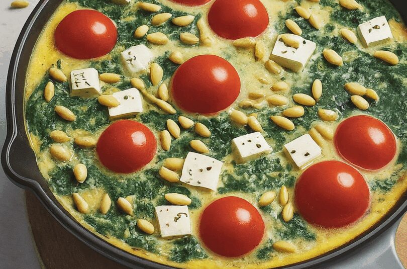Quiche mit Spinat, Feta, Tomaten und Pinienkernen