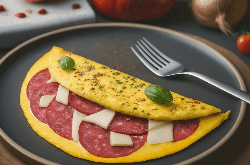 Salami-Omelett-mit-Kaese-und-Tomaten Salami-Omelett mit Käse und Tomaten