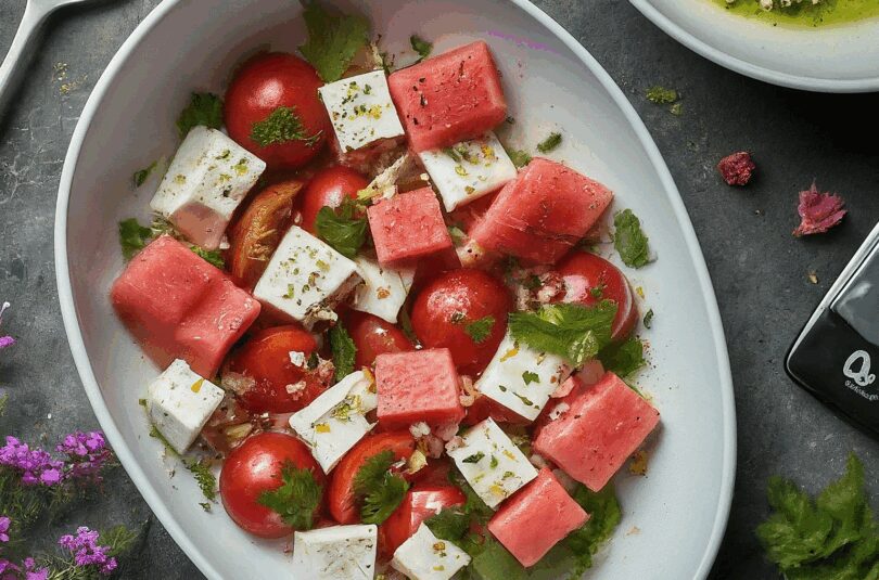 Salat mit Wassermelone und Feta – Wassermelonensalat mit Feta, Gurke und Tomaten