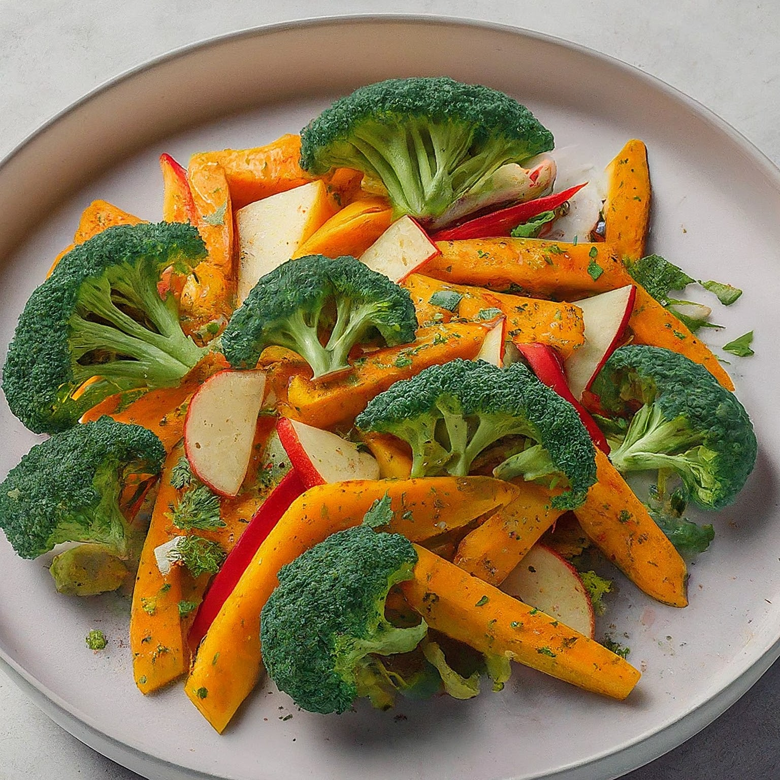 Suesskartoffel-Brokkoli-Paprika-Apfel-Salat Süßkartoffel-Brokkoli-Paprika-Apfel-Salat