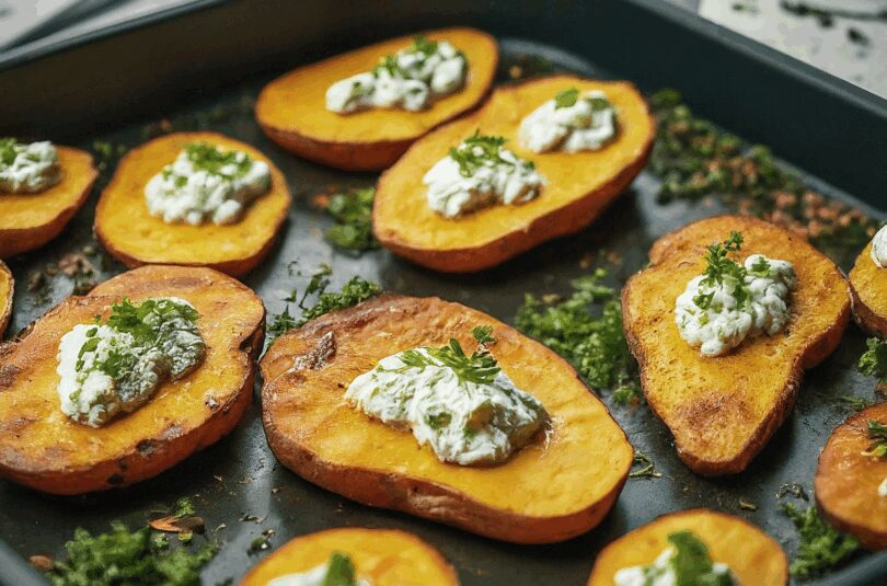Suesskartoffeln-im-Ofen-mit-Ziegenkaese-Quark Süßkartoffeln im Ofen mit Ziegenkäse-Quark