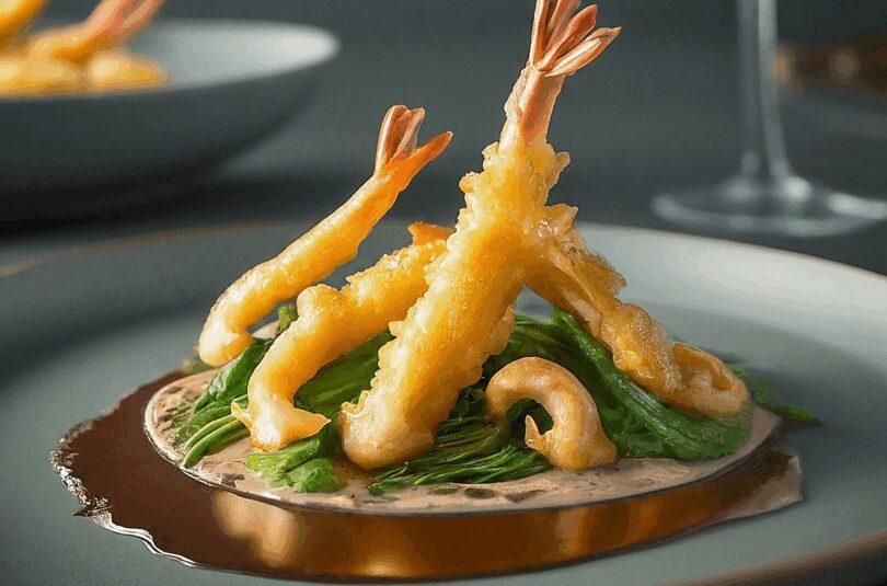 Tempuramantel-–-Garnelen-im-Tempuramantel-auf-Babyblattspinat-mit-Trueffelponzu Tempuramantel – Garnelen im Tempuramantel auf Babyblattspinat mit Trüffelponzu