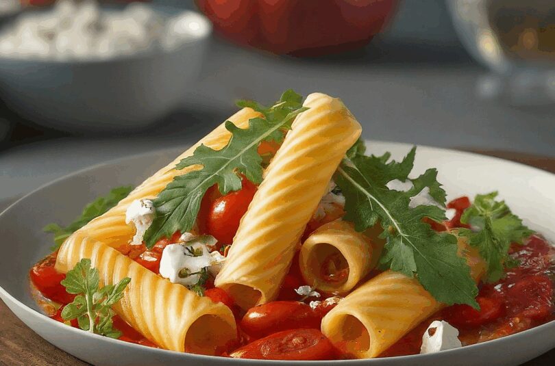 Tortiglioni mit Feta-Tomatensoße, Gehackten Tomaten und Rucola